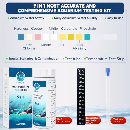 9 in 1 Aquarium Test Strips, 100 Count, Fish Tank Water Test Kit for Freshwater & Saltwater,