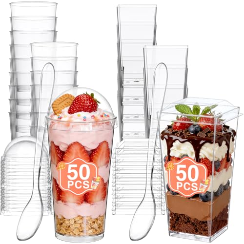 Eupako 100 Pack 3 oz Plastic Dessert Shooter Cups with Lids Assorted Shape - 50 Square & 50 Round Mini Clear Appetizer Cup, Small Dessert Cup for Jello Shots, Parfait, Puddings, Mousse - style: Round & Square - 3 oz - 100 Set