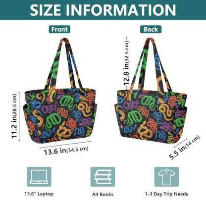 Colorful Snakes Black Tote Bag for Women, Lightweight Tote Bag for Travel | Laptop Compartment, Quilted Design