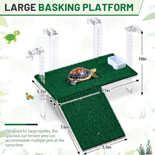 Reallnaive Adjustable Hanging Turtle Basking Platform with Artificial Grass 11 x 5.7 Inch Sturdy Acrylic Aquatic Reptile Ramp Dock Fits 0.3"-2" Thick Tank Salamander Frog Turtle Tank Accessories - size: 11 x 5.8 Inch