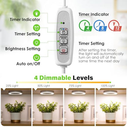 LORDEM 6.3” Ceiling Grow Lamp for Indoor Plants, 216 LEDs Full Spectrum Halo Plant Light, Under Cabinet Grow Lights with 4/8/12H Auto Timer, 3 Switch Modes, 4 Dimmable Brightness Levels, Tri Head - color: Triple Light--White