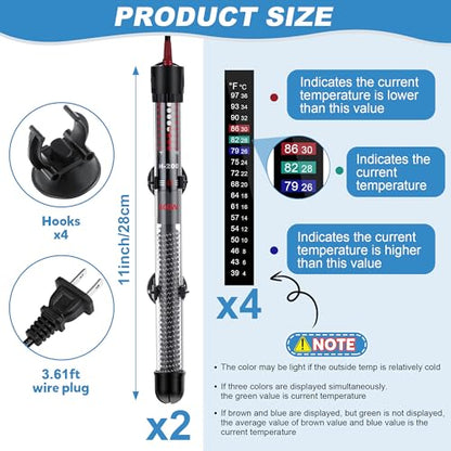 Dreyoo 2 Set 300W Submersible Aquarium Heater with 4 Thermometer Stickers | Adjustable Aquarium Fish Tank Heater with Suckers, Adjustable Knob Thermostat for Marine Saltwater and Freshwater