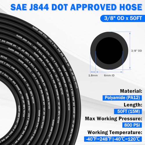 Air Line Tubing Kit, 3/8" OD DOT Air Line 50 FT(15 m) SAE j844 PA Nylon Air Hose Tubing and Push to Connect Fittings for Air Brake System Or Fluid Transfer, 29 Pcs Compressed Accessories Kit - size: 29PCS & 50FT 3/8" Air Line