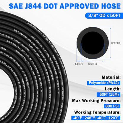 Air Line Tubing Kit, 3/8" OD DOT Air Line 50 FT(15 m) SAE j844 PA Nylon Air Hose Tubing and Push to Connect Fittings for Air Brake System Or Fluid Transfer, 29 Pcs Compressed Accessories Kit - size: 29PCS & 50FT 3/8" Air Line