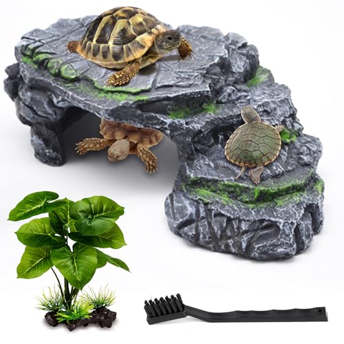 MoonOrange Turtle Basking Platform Kit, Reptile Habitat Hideout, Decorative Resin for Aquarium & Terrarium, Including Artificial Plant and Cleaning Brush. (A-Large-Black)