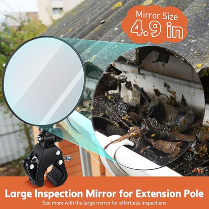 4.9" Large Expandable Inspection Mirror, 180°Tilt & 360°Rotate for Roof | 4.9" mirror tilts 180° & rotates 360°. Fits 0.6"-1.6" poles. For gutters, roofs, ducts & under vehicles