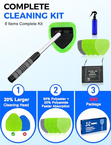 XINDELL Interior Windshield Cleaner Tool – Car Interior Window Cleaning Kit with Extendable Handle & 4 Microfiber Pads, Auto Wiper Inside Compact Windshield Brush for Car & Home Windows - size: 19in