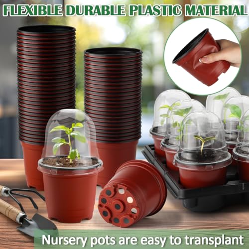 RooTrimmer 4 Inch 60 Pack Nursery Pots with Humidity Domes & 5 Pack 12 Cell Round Seedling Pot Carrying Trays, Sturdy Seeds Starter Pot Germination Set, Small Planter Nursery Propagation 5 Sets - color: Red + Black + Clear, size: 4 Inch 60 Pack Pots With