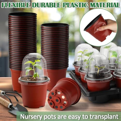 RooTrimmer 4 Inch 60 Pack Nursery Pots with Humidity Domes & 5 Pack 12 Cell Round Seedling Pot Carrying Trays, Sturdy Seeds Starter Pot Germination Set, Small Planter Nursery Propagation 5 Sets - color: Red + Black + Clear, size: 4 Inch 60 Pack Pots With