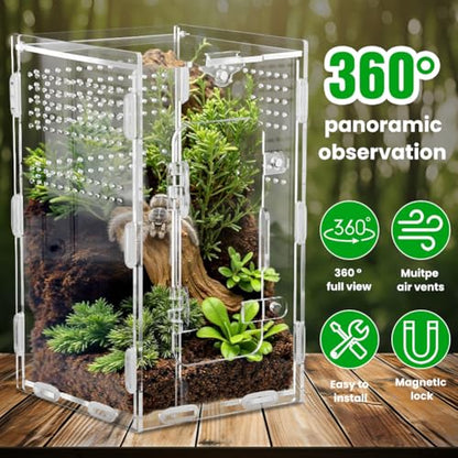 Acrylic Spider Enclosure, Jumping Spider Terrarium 4.7x4.7x7.9in | Dual access doors and micro-vent holes for feeding, misting, cleaning, and airflow