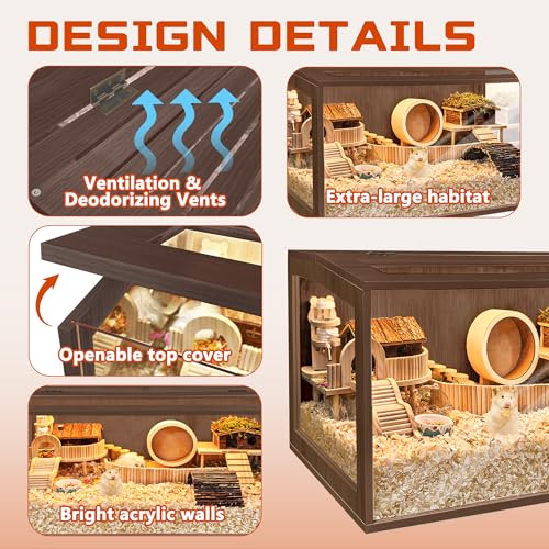 PROLEE Hamster Cage with Chewproof Wood Top, Guinea Pig Cages, Hamster Habitat with Clear Acrylic Sheets Solid Built, Small Animal Cage (Walnut, 32X15.5X15.5 inch) - color: Walnut, size: 32.0"L x 15.5"W x 15.5"H