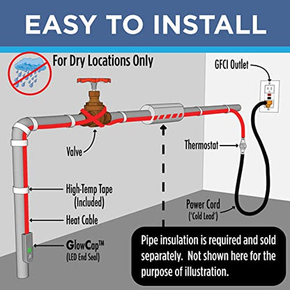 Intelligent Heat Tape for Water Pipe Freeze Protection - with GlowCap™, Built-in Thermostat, Tape Included, 10-yr Warranty, Heavy-Duty, Self-Regulating, 120V (18 Ft) - style: 18 Feet
