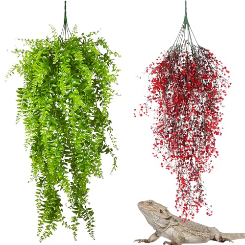 PINVNBY 2 Pack Reptile Plants Terrarium Hanging Fake Vines with Suction Cup Artificial Leaves for Bearded Dragons Lizards Geckos Snake Hermit Crab (Red and Green) - color: 2 Pcs ( Red and Green )