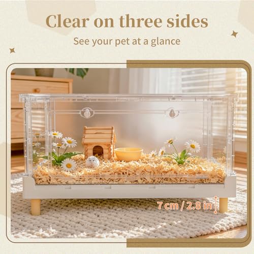 Hamster Cage Cozy Low Playhouse Hideout Castle Oasis | 470 Sq In roomy floor, bookshelf fit height, frosted privacy panel for tiny pets, rapid setup - size: 27.6"L x 17.0"W x 13.4"H