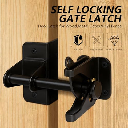 Self Locking Gate Latch for Wooden Fence, Automatic Gravity Latch | For Wood Metal Gate, Heavy Duty Gate Hardware Door Lock for Outdoor Pool, Garden Shed, Black