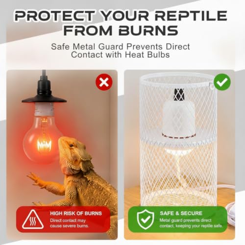 1 Pcs Reptile Heat Lamp Guard with 150W Ceramic Heat Emitter Basking Anti Scald Heating Lamp Holder Mesh Cage Reptile Protection Lampshade for Lizard Snake Without Bulb (4 Inch,White,White) - color: White, White