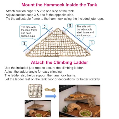 Triangle Bearded Dragon Hammock with Built-in Steel Frame, Flat Stable Corner Reptile Hammock, Handwoven Seagrass Lizard Bed & Climbing Ladder for Reptile Tank Accessories