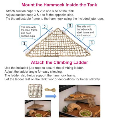 Triangle Bearded Dragon Hammock with Built-in Steel Frame, Flat Stable Corner Reptile Hammock, Handwoven Seagrass Lizard Bed & Climbing Ladder for Reptile Tank Accessories