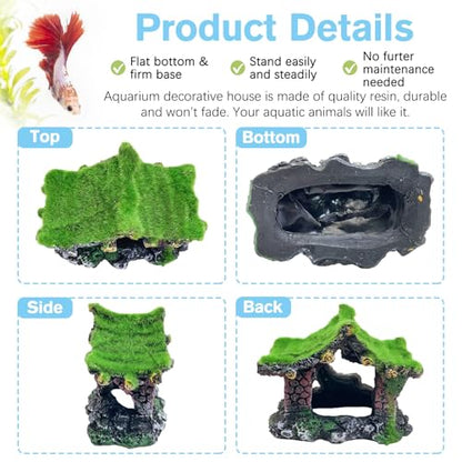 Hamiledyi Resin Hollow Hideout House for Aquarium Decoration Fish Tank Accessories Betta Cave with Lifelike Moss for Shrimp Fish Shelter - style: Pavilion