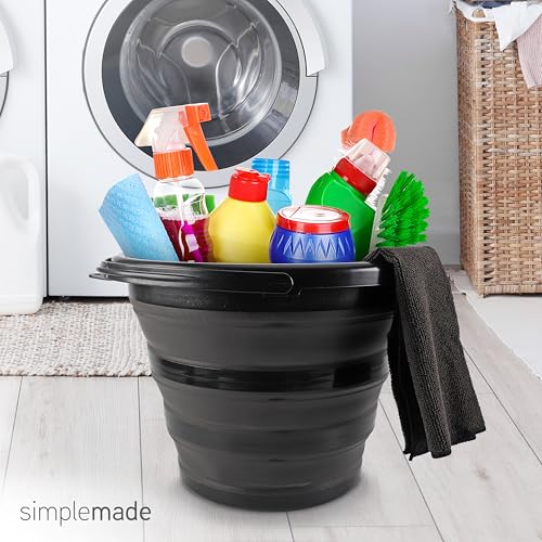 SIMPLEMADE Collapsible Bucket Cleaning Set - Includes 2 Foldable Buckets, Spray Bottle, Rag, Scrubbing Brush and Sponge - Holds Up to 10 liters, Easy Storage, All-Purpose Cleaning Solution - color: Black