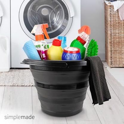 SIMPLEMADE Collapsible Bucket Cleaning Set - Includes 2 Foldable Buckets, Spray Bottle, Rag, Scrubbing Brush and Sponge - Holds Up to 10 liters, Easy Storage, All-Purpose Cleaning Solution - color: Black