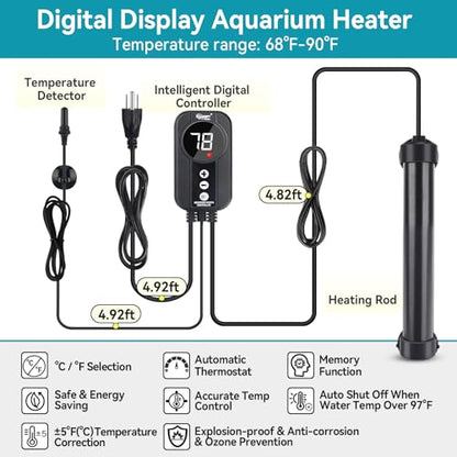 hygger Marine Aquarium Heater 50W 100W 200W 300W 500W,Titanium Heater with Temperature Calibration,Digital LED Controller,Temperature Probe,Submersible Fish Tank Heater for Saltwater Freshwater Tank - size: 50W for 10-15 Gallon