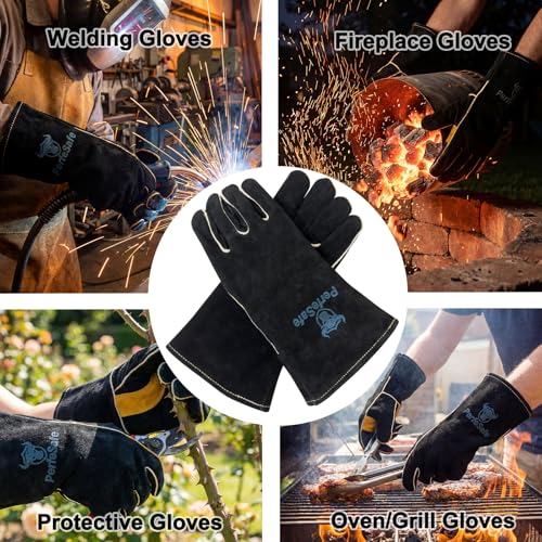 Welding Gloves Heat Resistant Leather Fireproof Gloves 14in Black | Welders Gloves for MIG TIG Stick, Grill Gloves Mitts for BBQ,Oven,Forge,Fireplace,Fire Pit,Furnace,Wood Stove,Dry Ice,Baking - color: 14 Inches Black