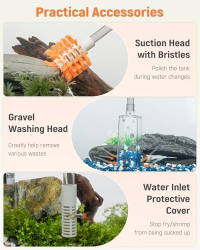 Pawfly 3-in-1 Aquarium Water Changer, Gravel Cleaner & Tank Brush – Fish Tank Cleaner with Adjustable Flow, Extendable 11–16in Tubing & 3.75ft Hose for Sand Washing, Water Changing and Maintenance