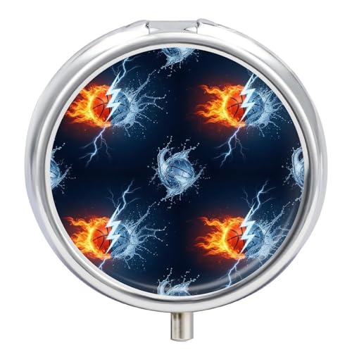 Compact Pill Box, Ice Water Fire Flame Basketball Round Waterproof Case, Travel Organizer for Supplements, Purse Pocket Container for Daily Office Use - color: Style (618)