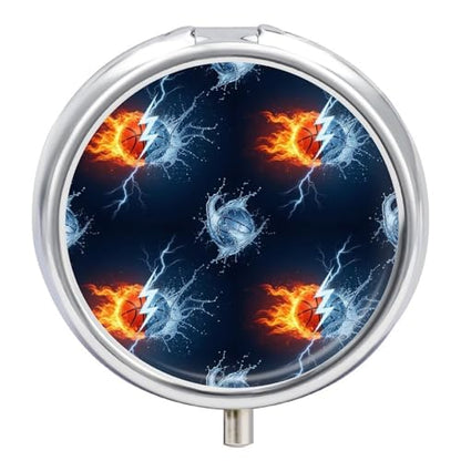 Compact Pill Box, Ice Water Fire Flame Basketball Round Waterproof Case, Travel Organizer for Supplements, Purse Pocket Container for Daily Office Use - color: Style (618)