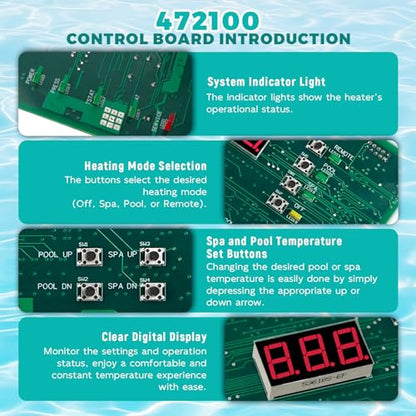 472100 Digital Display Temperature Controller Board Fit for Pentair MiniMax NT Series Pool and Spa Heater Fit for HTR 200 250 300 400 Models, Includes Temperature Control Board and Keypad