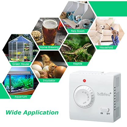 Adjustable Thermostat, Briidea Plug in Heating & Cooling Thermostat with LED Indicator, Compatible with Space Heater, Window Air Conditioners, Fans, Ideal for Household, Reptile, Greenhouse - color: White