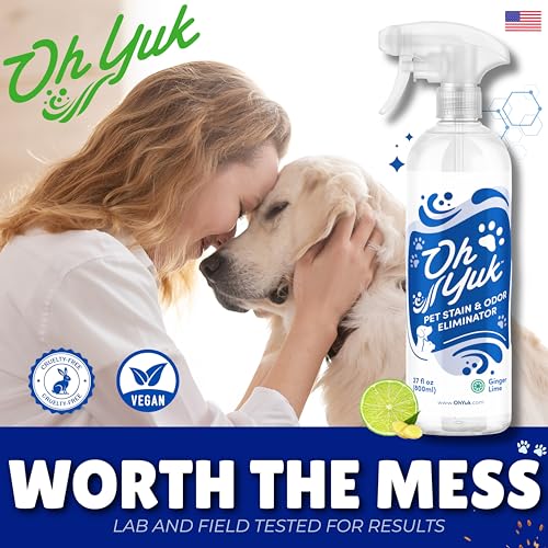 Oh Yuk Probiotic Pet Odor Eliminator & Stain Remover, Dog & Cat Urine | Breaks Down Urine, Poop & Vomit at the Source, Removes Stains & Odor, Fresh Ginger Lime Scent, Carpet Safe, 27 oz