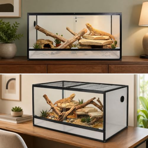 120 Gallon Bearded Dragon Tank, 48x24x24 Reptile Enclosure, Black | 4x2x2 reptile tank, Aluminum Frame, Tempered Glass Sliding Doors, Cable Port - color: Black