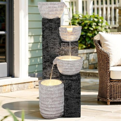 40" H Multilayer Cascading Outdoor Water Fountain with LED Lights & Pump, Sand-Textured Polyresin Freestanding Garden Fountain for Tranquil Garden, Patio or Porch | Unique Sand-Textured Polyresin Freestanding Garden Fountain for Garden, Patio or Porch - c