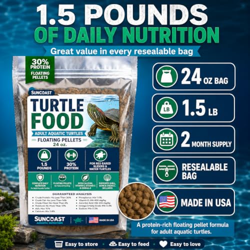 Suncoast Aquatic Turtle Food for Adult Turtles - Floating Pellets with 30% Protein, Calcium, Vitamin E, Omega-3 & Vitamin C, Complete Diet for Red Eared Sliders & Water Turtles - 1.5 lbs - size: 1.5 Pound (Pack of 1)
