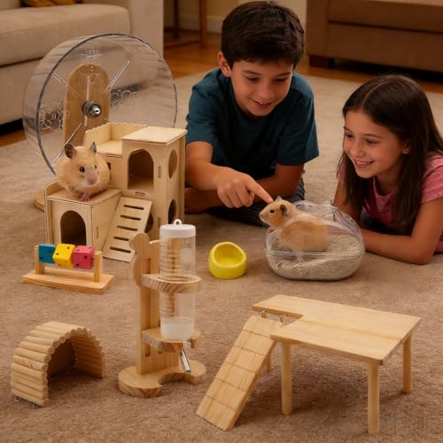 9 Pcs Hamster Cage Accessories, Silent Hamster Wheel, Wooden House and Platform, Wooden Fence, Water Bottle Set, Ceramic Food Bowl, Bath Sand Container, Mini Cleaner for Rat Mice Small Animals Habitat