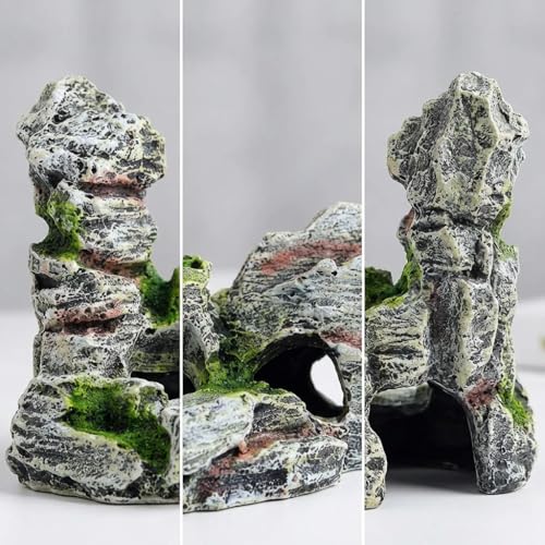 Resin Aquarium Stone Cave with Artificial Moss – Natural Rock Mountain Ornament for Fish Tank, Shrimp & Betta Hiding, Reptile Habitat Decoration, Small Landscape Terrain Accessory for Aquatic Decor（B）