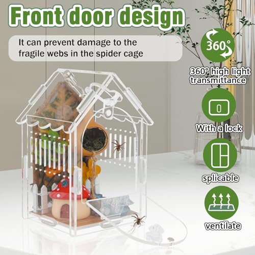 Acrylic Jumping Spider Enclosure with Magnetic Lock & Feeding Port | Scratch-resistant clear acrylic, 1mm vent, tool-free, magnetic door for arboreal tarantula & mantis