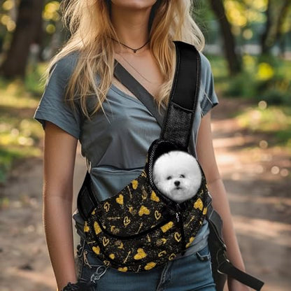 COEQINE Black Gold Heart Sling Carrier for Small Dogs Valentine's Day for Pet Owner Crossbody Purse Front Facing for Small Puppy Travel Cycling - color: Black Gold Heart