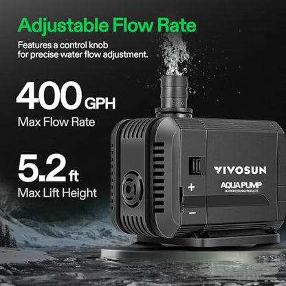 VIVOSUN 400GPH Submersible Fountain Water Pump for Pond, Aquarium, Statuary | 1500L/H, 15W, Ultra Quiet Water Pump with 5.2ft High Lift and 5ft Power Cord, 3 Nozzles for Hydroponics, Fish Tank, Black - size: 5"×4"-400