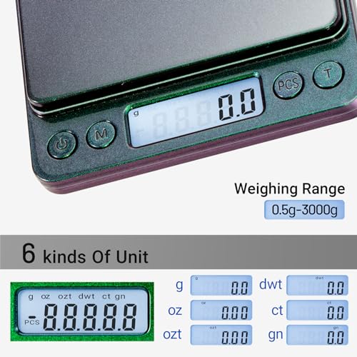 Fuzion Small Gram Scale 3000g, Digital Kitchen Food Scale, Gram and Ounce | Ombré, 0.1g Accuracy, 6 Modes, 2 Trays Included, Tare, Piece Counting, For Food, Coffee, Cooking, Herb, Reptiles, Coins - color: Ombré Purple-Green