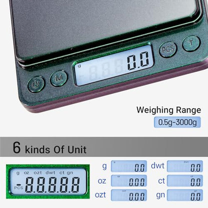 Fuzion Small Gram Scale 3000g, Digital Kitchen Food Scale, Gram and Ounce | Ombré, 0.1g Accuracy, 6 Modes, 2 Trays Included, Tare, Piece Counting, For Food, Coffee, Cooking, Herb, Reptiles, Coins - color: Ombré Purple-Green