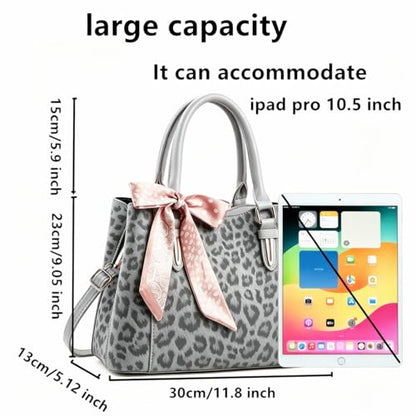 3 Compartment Satchel Purse Top Hnadle Bags Hobo Handbag for Women | Multi Compartment,Medium,Leopard Print Faux Fur,Detachable Shoulder Crossbody Strap,Work Office Daily,High elasticity base - color: Gray Leopard
