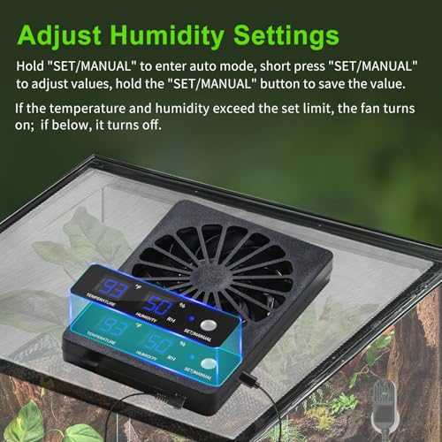 Reptile Ventilation Fan with Hygrometer & Temperature Display, Auto Adjusting Humidity & Temperature, for Aquariums & Insect Tanks, 2-Pack