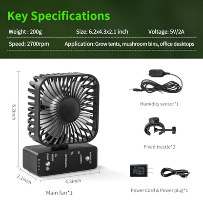 4" Grow Tent Clip Fan with Temperature & Humidity Control, LCD Display, Oscillating Fan for Hydroponics