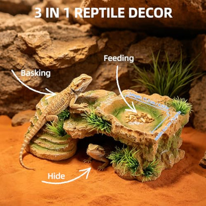 Turtle Docks for Basking Reptile Rock Cave Hideout | 2 In 1 Basking Platform And Hide Cave With Fake Grass On 4 Sides Wide Textured Ramp Durable Resin Light Brown Yellow - color: Light Brown Yellow