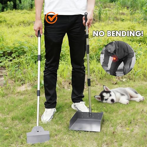 Dog Pooper Scooper, Metal Tray & Spade with 38.2" Long Handle | Medium Dog Poop Scooper: 6.5x6.7x2.5in Tray, 5.1x3.3in Spade, No-bend Pickup, Easy Rinse, Tool-free Setup - size: Medium