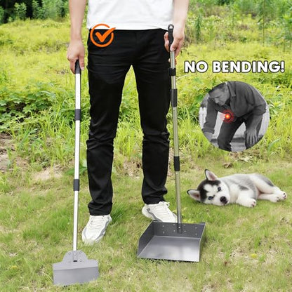 Dog Pooper Scooper, Metal Tray & Spade with 38.2" Long Handle | Medium Dog Poop Scooper: 6.5x6.7x2.5in Tray, 5.1x3.3in Spade, No-bend Pickup, Easy Rinse, Tool-free Setup - size: Medium