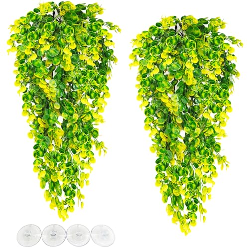 Hamiledyi Reptile Plants Hanging Terrarium Plants Artificial Leaves Habitat Decorations with Suction Cup Green and Yellow Fake Amphibian Plants for Bearded Dragon Lizard Geckos Chameleon（2 Pack） - size: 2 PCS